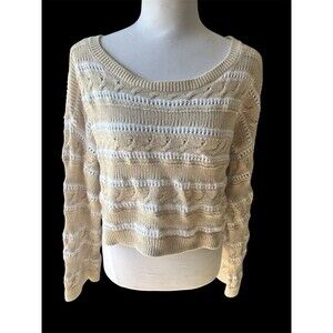 Hollister Cotton Preppy Stripe Pointelle Off Shoulder Crop Cozy Relaxed Sweater